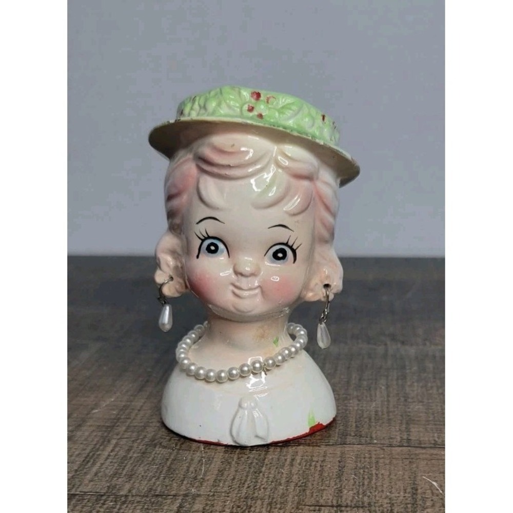 Vtg Nippon Little Girl With Hat & Pearls, Head Vase Japan 1950s SEE‎ DESCRIPTION